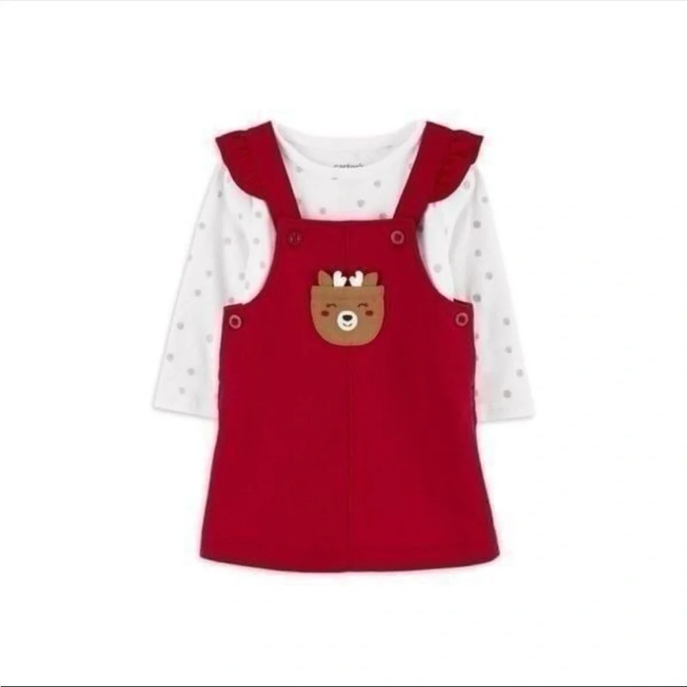 NWT Carters 2 Piece Set Christmas Reindeer Outfit Red Dress Jumper Size 3-6 Mos